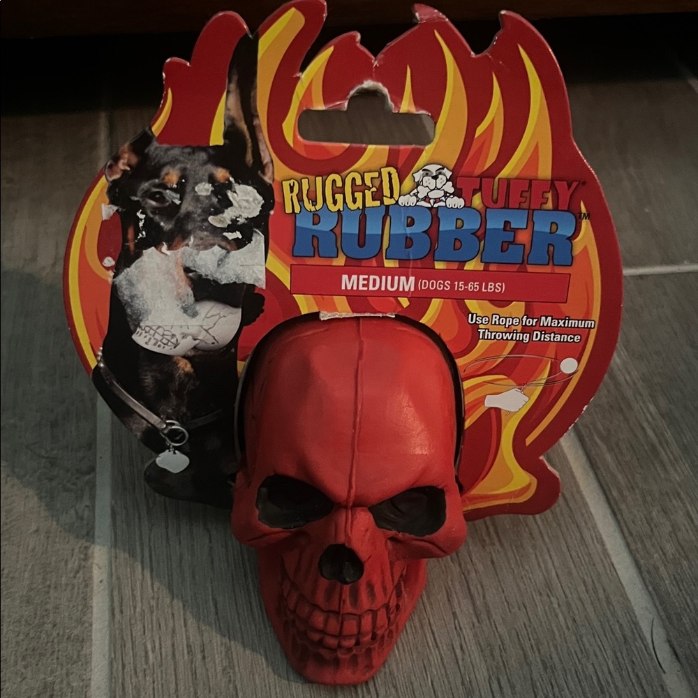 NEW Tuffy's Rugged red Rubber Skull & rope Dog Toy medium 15-65 lbs